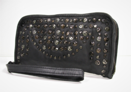 Vintage leren phone-portemonnee-clutch more studs zwart