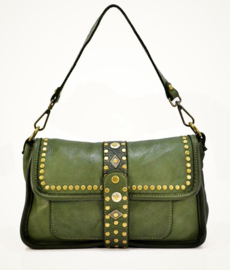 Vintage leren schoudertas / crossbody met decoratieve flap donker olijfgroen