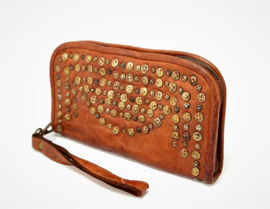 Vintage leren phone-portemonnee-clutch more studs tan