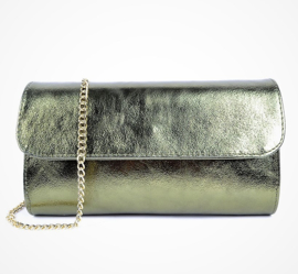 Leren glossy clutch / crossbody schoudertasje olijfgroen