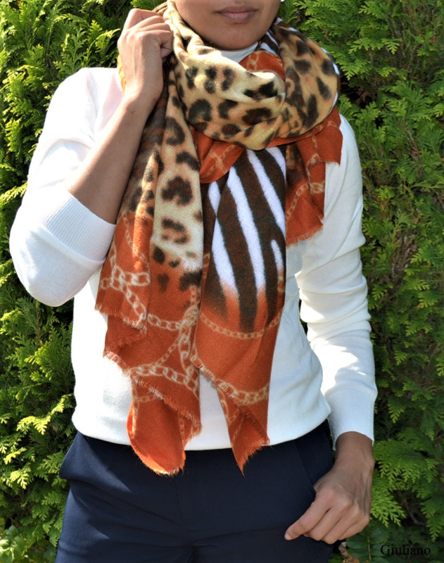 Warme sjaal panter / zebra met kettingprint mandarin multi