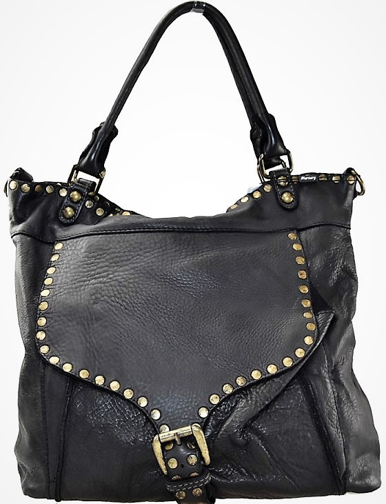 vintage leren / shopper met flap en studs zwart | Vintagelook leren tassen |