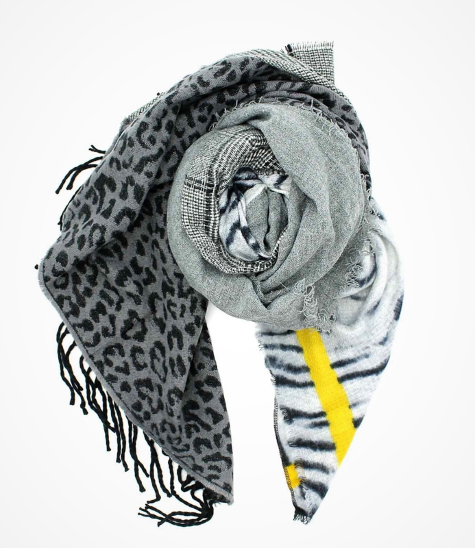 Multicolor sjaal Square 135 x 135 cm panter zebra ruit grijs geel