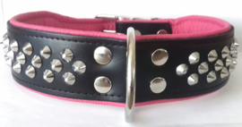 ELEGANCE leren halsband met studs | zwart/roze 78cm