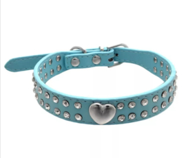 Hb111 - Halsband met strass en hart | blauw | 32- 38cm