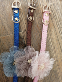 Honden halsband met bloem en glitter | blauw, bruin, roze