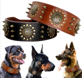 Leren honden halsband met studs | bruin / zwart 70cm