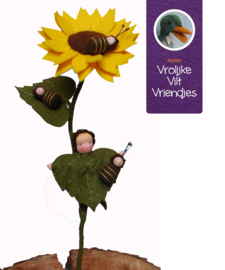 Zonnebloem met bladkind en bijtjes