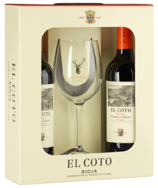 El Coto Crianza Rioja DOCa - wijngeschenk met 2 flessen en een wijnglas