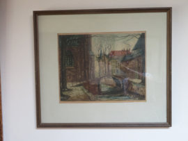 VERKOCHT Kleurets Oude Delft te Delft, Johan D. Scherft, 1891-1969, 54 x 47 cm