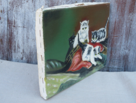 VERKOCHT Oud olieverfschilderij poesjes kittens - gesigneerd - 14 x 8 cm