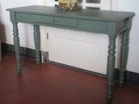 VERKOCHT Brocante groene houten sidetable wandtafel - 120 cm