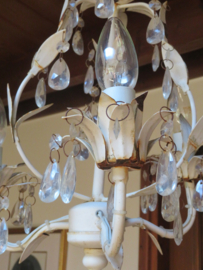 VERKOCHT Brocante Franse metalen hanglamp kroonluchter met glazen pegels- 3-lichts