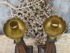VERKOCHT Stel Art Deco kandelaars, hout en messing