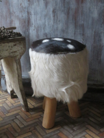 Vintage ronde kruk van geitenhuid / geitenhuid krukje - 45 cm hoog