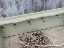 Brocante groen houten wandrek handdoekenrek met 5 haken