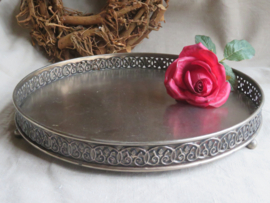 Brocante rond zilver metalen dienblad met opstaande rand - 32 cm