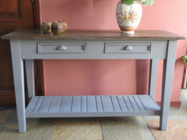 VERKOCHT Brocante grijze houten sidetable, 1.30 m