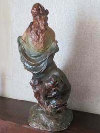 Antiek Frans gipsen beeld dame met luit - 53 cm hoog