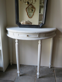 VERKOCHT Antieke brocante witte halfronde sidetable haltafel wandtafel