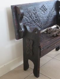 VERKOCHT Antieke houten klepbank tafel sidetable bankje - met lade en rugleuning