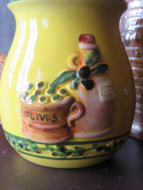 VERKOCHT Brocante gele aardewerk olijvenpot