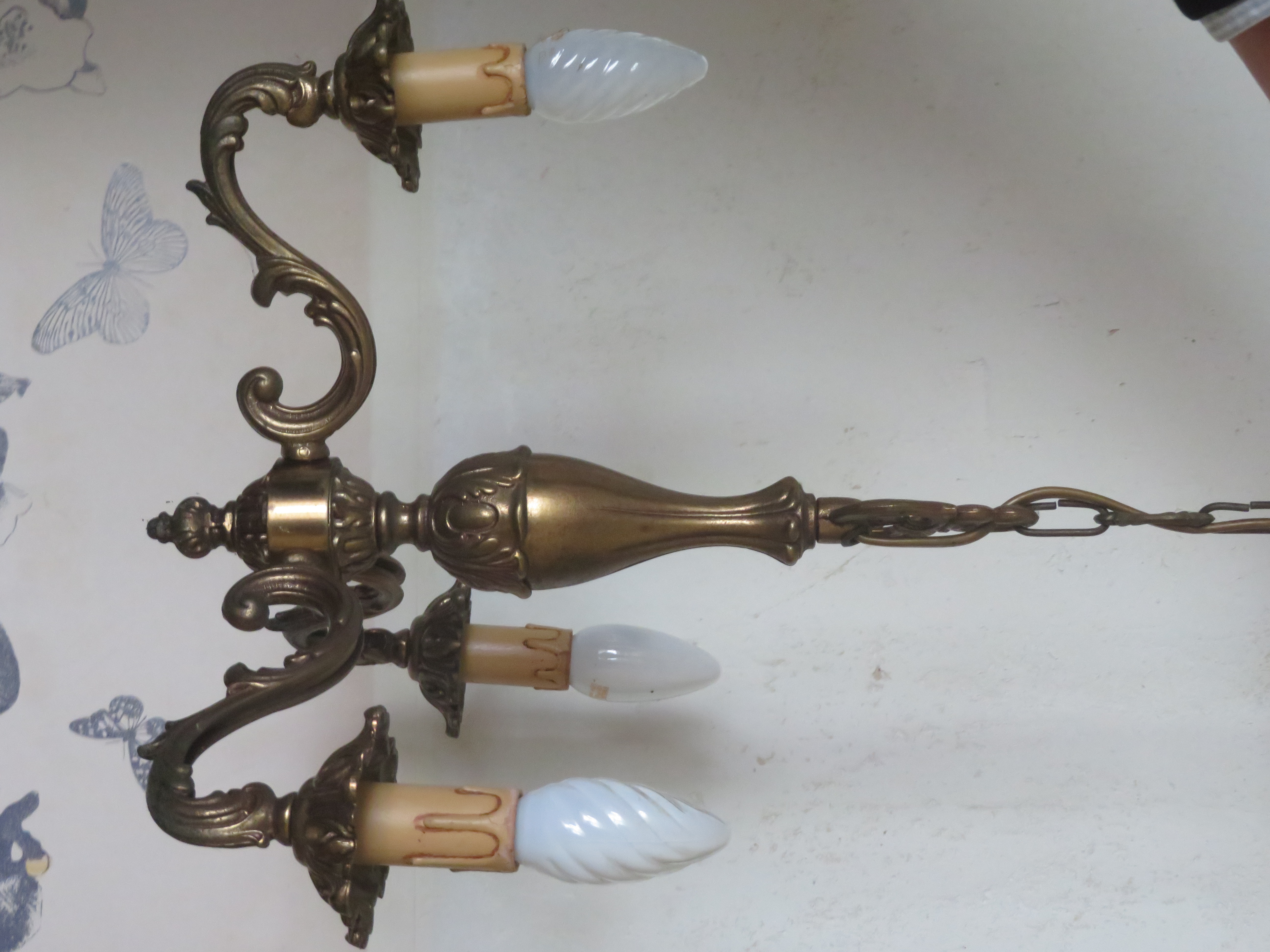 Oude Franse koperen kroonluchter hanglamp - 3-lichts