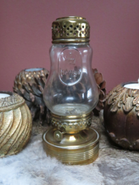 VERKOCHT Antiek Jugendstil olielampje koper en glas, gemerkt Henga