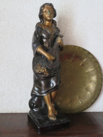 Antiek keramiek beeld sculptuur dame met luit - Franceschi - 19e eeuw - 52 cm