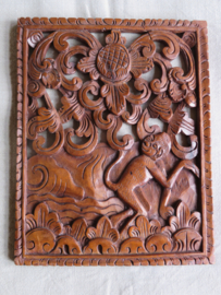 VERKOCHT Oud Indonesisch teakhouten houtsnijwerk paneel, 25x19 cm