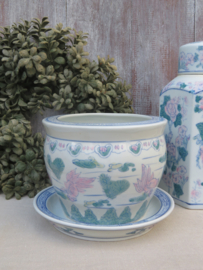 VERKOCHT Vintage Chinsese aardewerk bloempot plantenpot met onderschaal