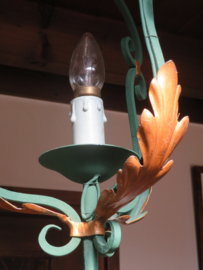 VERKOCHT Brocante Franse metalen hanglamp hal lamp goud/groen