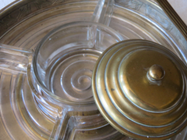 VERKOCHT Art Deco koperen hapjesschaal - 5 glazen schaaltjes in koperen houder