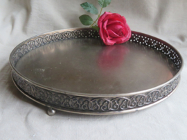 Brocante rond zilver metalen dienblad met opstaande rand - 32 cm