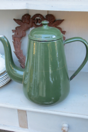 VERKOCHT Groene emaille koffiepot / koffiekan met goudrand