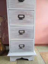 VERKOCHT Hoge teakhouten ladenkast, handgemaakt, greywash