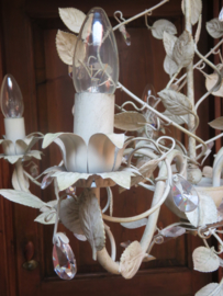 VERKOCHT Brocante Franse hanglamp kroonluchter met glazen pegels, 5-lichts
