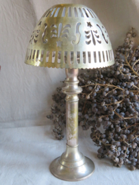 VERKOCHT Brocante verzilverde kandelaar windlicht met los kapje