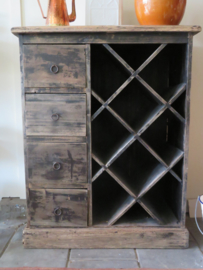 verkocht* Brocante oude houten ladenkast met wijnrek 