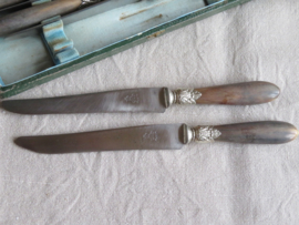 VERKOCHT Antieke messenset met benen heft, Paris, 12 stuks in cassette