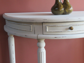 VERKOCHT Antieke brocante witte halfronde sidetable haltafel wandtafel