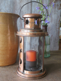 VERKOCHT Brocante oosters roodkoperen windlicht met glas