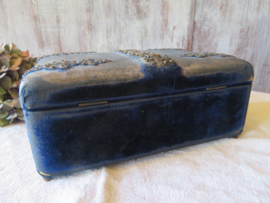VERKOCHT Antieke Franse blauw fluwelen sieradendoos sieradenkist