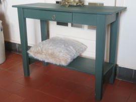 VERKOCHT Brocante groene houten sidetable wandtafel met lade - 100cm breed