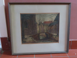 VERKOCHT Kleurets Oude Delft te Delft, Johan D. Scherft, 1891-1969, 54 x 47 cm