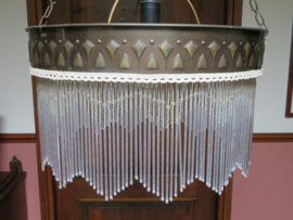 VERKOCHT Art Deco koperen hanglamp met glazen kralen, kralenlamp