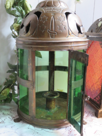 VERKOCHT Oude oosterse koperen lantaarn windlicht met groen glas