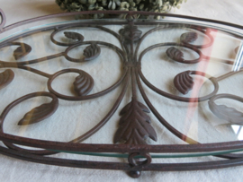 Brocante bruin ijzeren dienblad met glas - 47 x 30 cm
