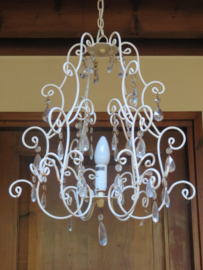 VERKOCHT Brocante Franse metalen kroonluchter hanglamp met glazen pegels - 1-lichts