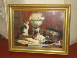 Antieke prent "Wereldreizigers" met poezen en kittens - uit 1883  - 50x 40 cm